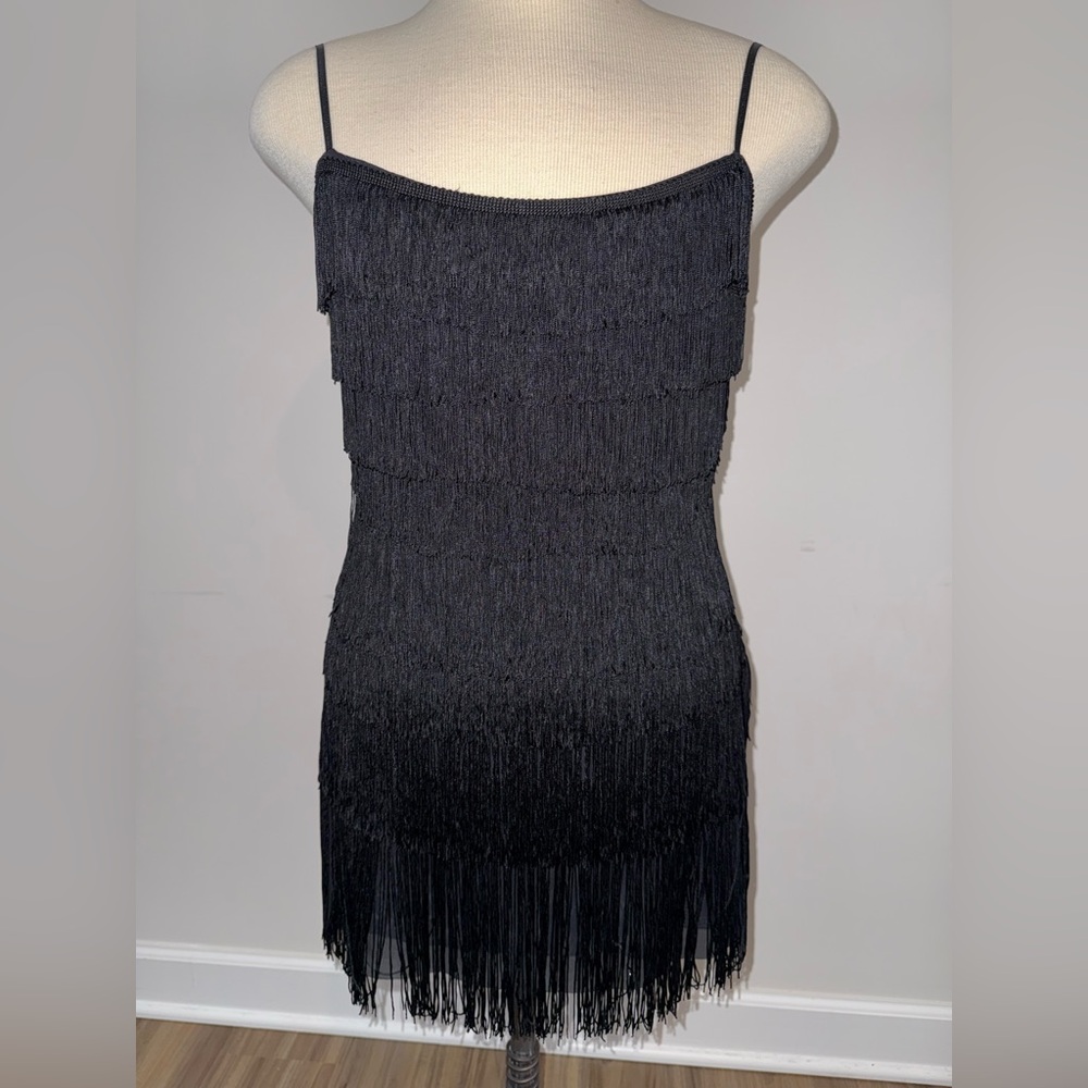 White fox black fringe dress